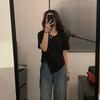 Short T-shirt for Women In Summer Short-sleeved New Drawstring Design Niche Irregular High-waisted Student Top
