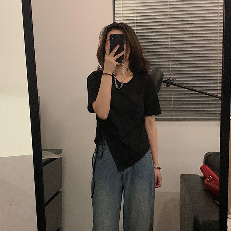 

Short T-shirt Women s Summer Short Sleeve New Drawstring Design Niche Irregular High Waist Student Top M чёрный