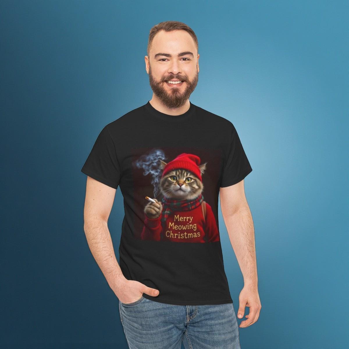 Merry Meowing Christmas Cat T-Shirt | Smoking Cat in Santa Hat Holiday Tee S
