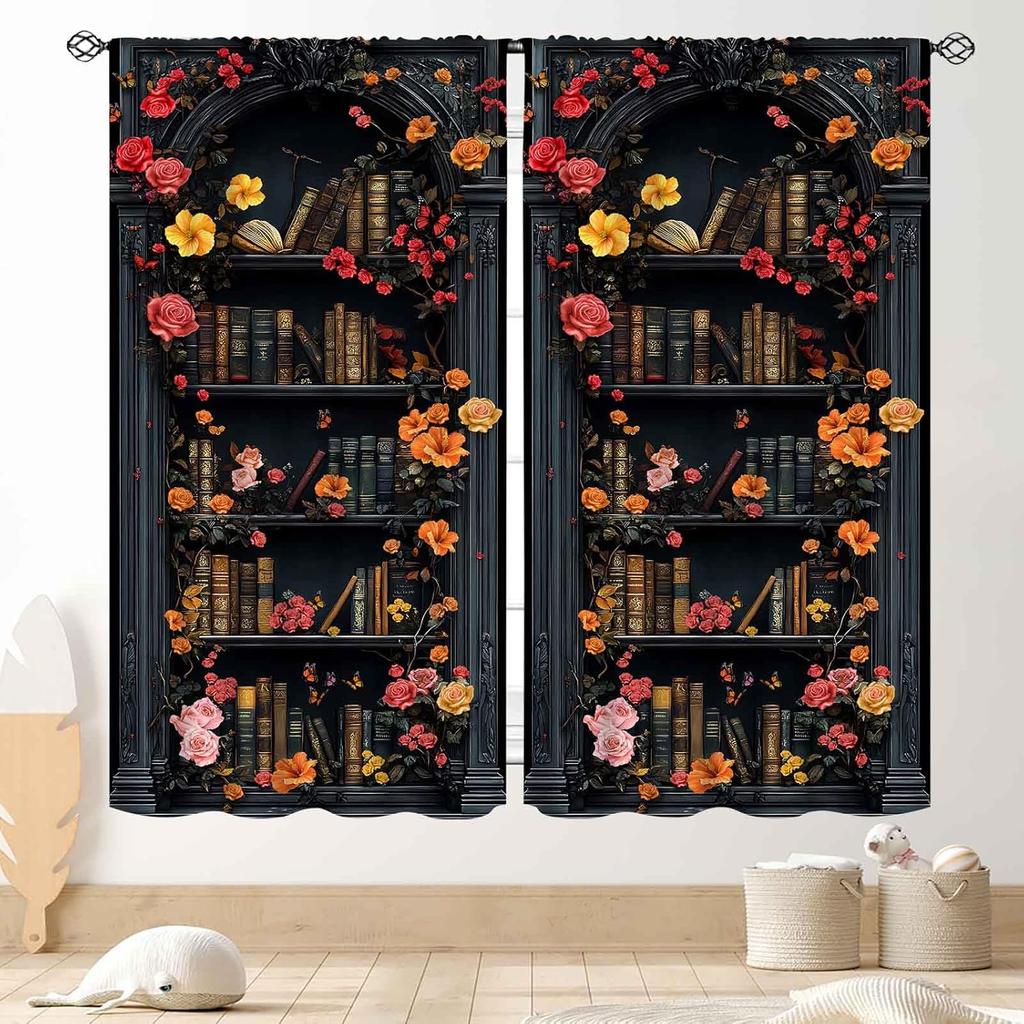 Witchy Curtains Fantasy Magical Bookshelf Mysterious Bookcase Skull Spooky Gothe Window Drapery Treatments Vintage Blackout Made Of Polyester