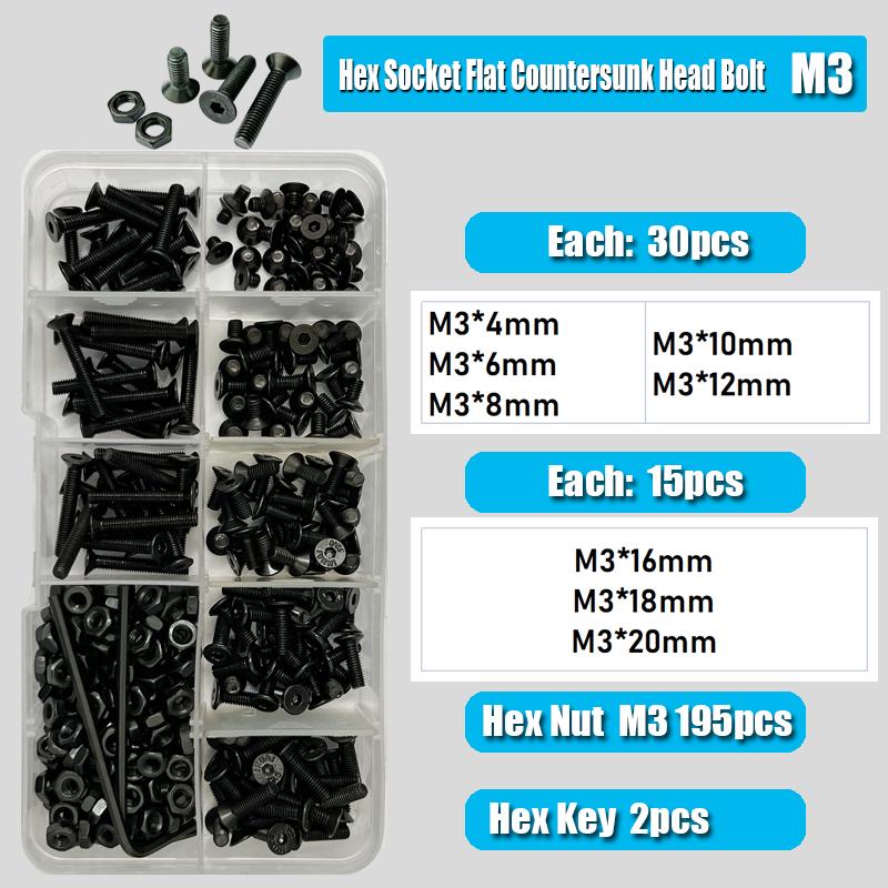 Countersunk Flat Head Hex Bolt Nut Set Kit M2 M3 M4 M5 M6 Black Grade 10.9 Steel Hex Hexagon Socket Countersunk Head Allen Screw