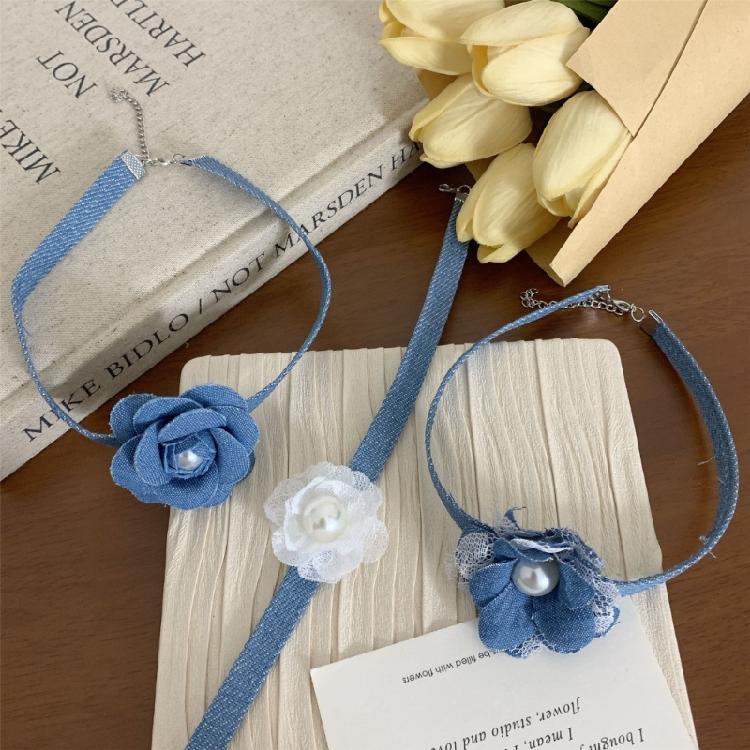 Collier Choker Fleur en Tissu Denim pour Femmes Chaîne à Maillons Bijoux de Cou Clavicule