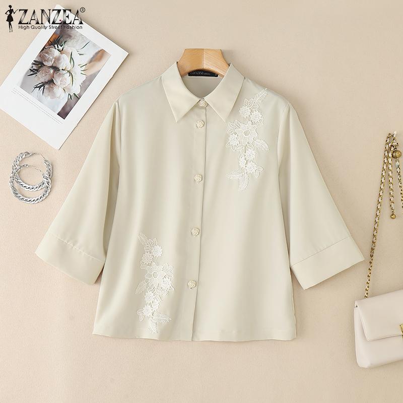 ZANZEA Women Turn Down Collar 3/4 Sleeve Loose Splice Blouse