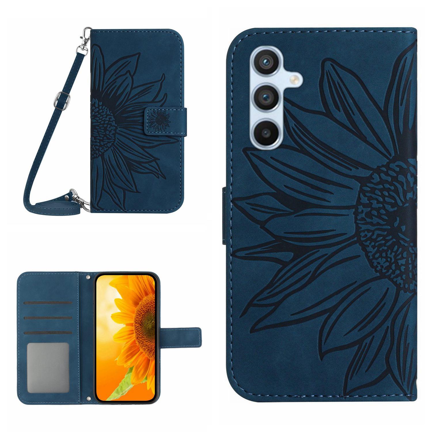 

HT04 For Samsung Galaxy A56 5G/M56 5G Case Sunflower Imprint PU Leather Phone Cover with Long Strap Dark Blue