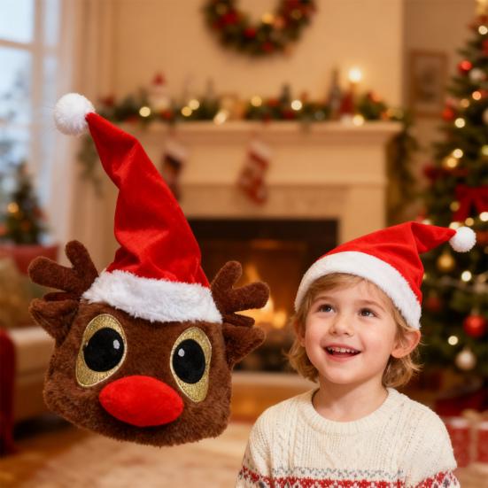 Yousheng Weihnachtsmannmütze Weiche Plüsch Weihnachtsmütze mit Licht-Ton-Show Elastisches Band Weihnachtsmütze Kostümzubehör Feiertagsparty Geschenk