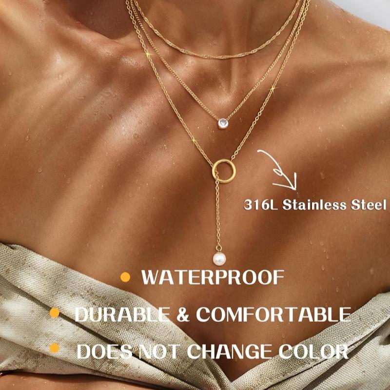 2-3pcs Women's Gold Necklace Stainless Steel Adjustable Choker Necklace CZ Pearl Pendant Chain Gold – with Jewellery Box