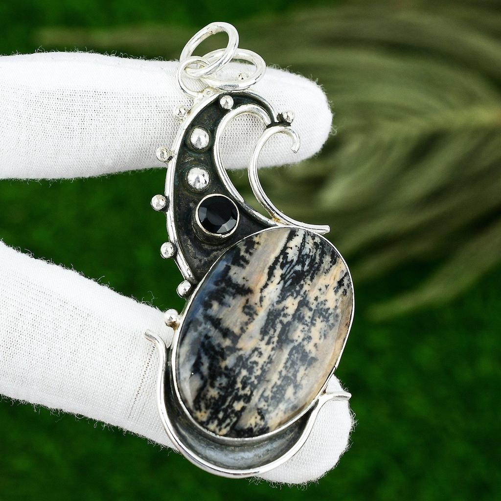 Sterling Silver Oval Honey Dendrite Opal Stone Spinel New Bezel Pendant Jewelry