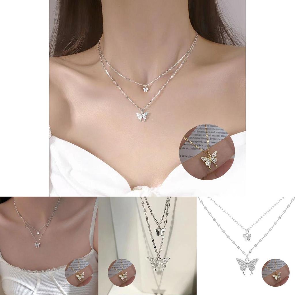 Stylish Adjustable Double Layer Butterfly Pendant Necklace With Hypoallergenic Material