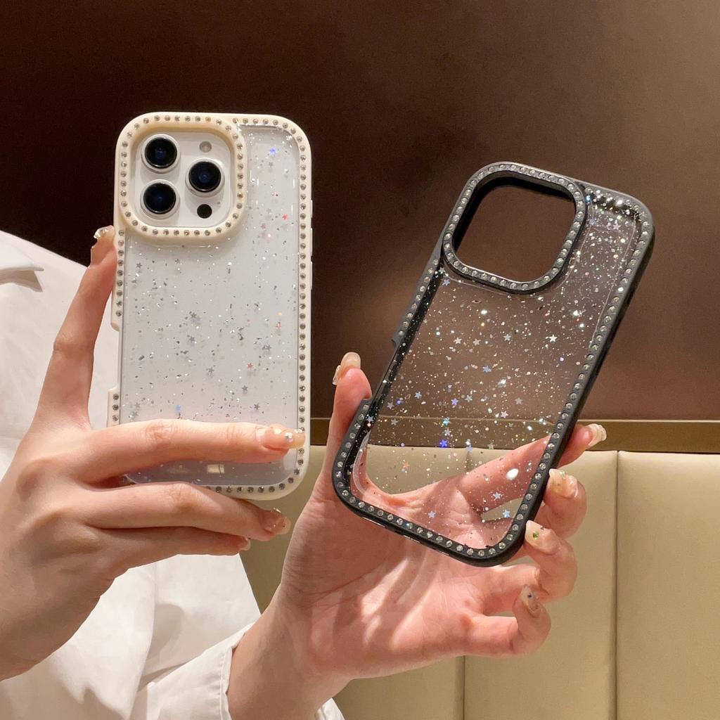 For iPhone 16 Pro Case Rhinestone Frame Star Glitter Epoxy Design TPU+PC Phone Cover