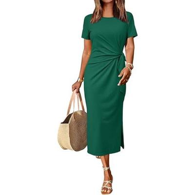 Vestidos casuales de cintura alta con cuello redondo y estampado de Color sólido a la moda para mujer