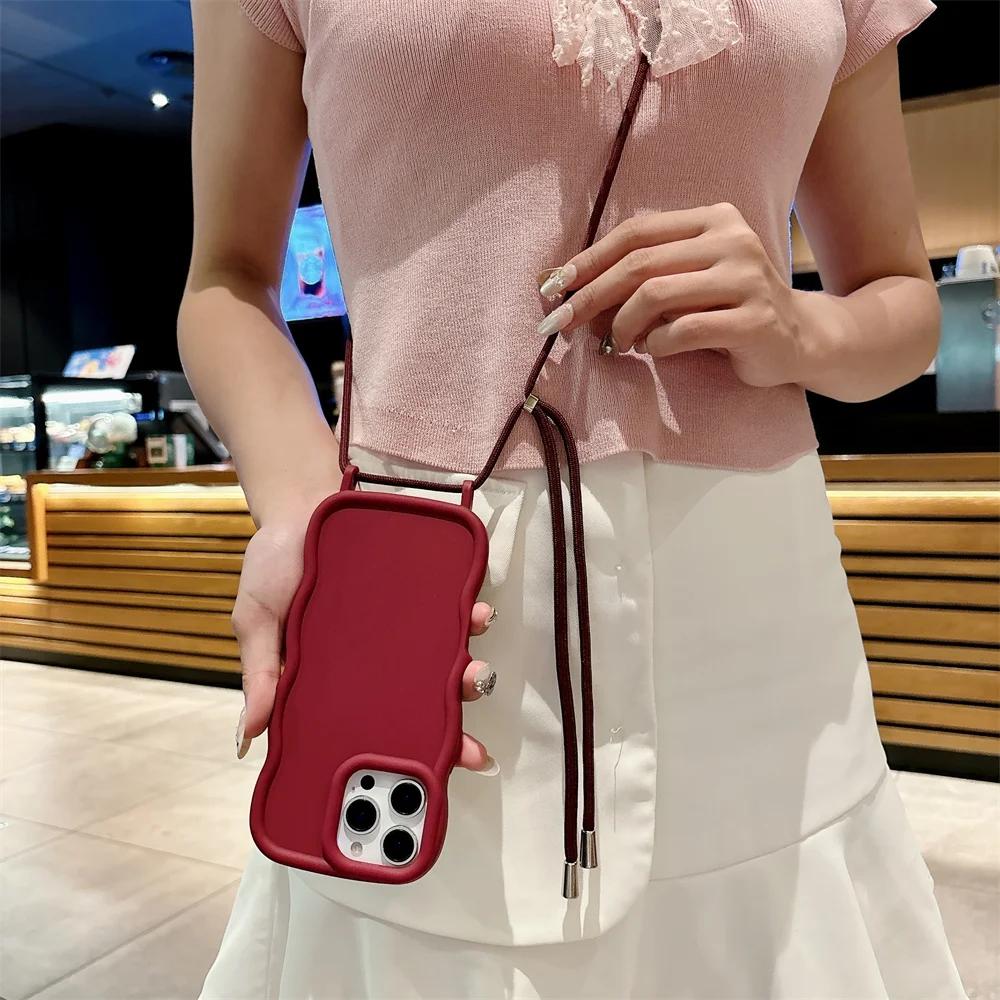 Crossbody Adjustable Lanyard Phone Case for IPhone 16 Pro Max 15 14 13 Wave Edge Necklace Strap Rope Soft Silicone Cover