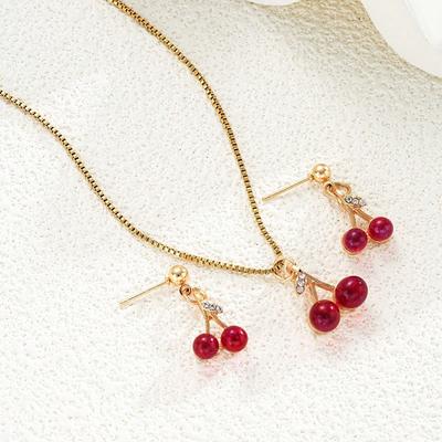 Cute Red Cherry Jewelry Set | Gold Tone Fruit Cherry Pendant Necklace & Earrings | Sweet Aesthetic Jewelry for Women