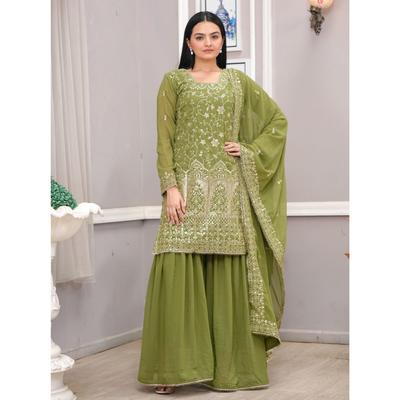 Präsentieren Neuer Designer Bestickter Fuchs Georgette Sharara Anzug Mit Paillettenbestickung