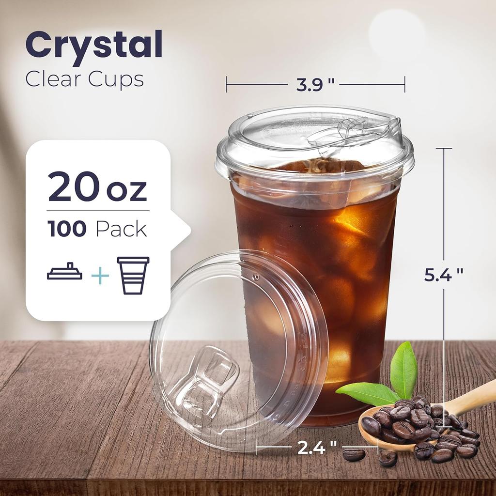 20OZ Clear Plastic Cups Lids and Straws for Iced Coffee Cups Disposable Smoothie Cups for Cold Drink Free BPA Crystal Plastic