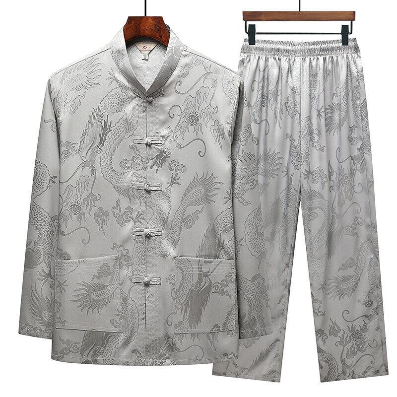 Spring/Autumn Men's Lightweight Ice Silk Tang Suit Set Long Sleeve for Middle-aged and Elderly Fathers