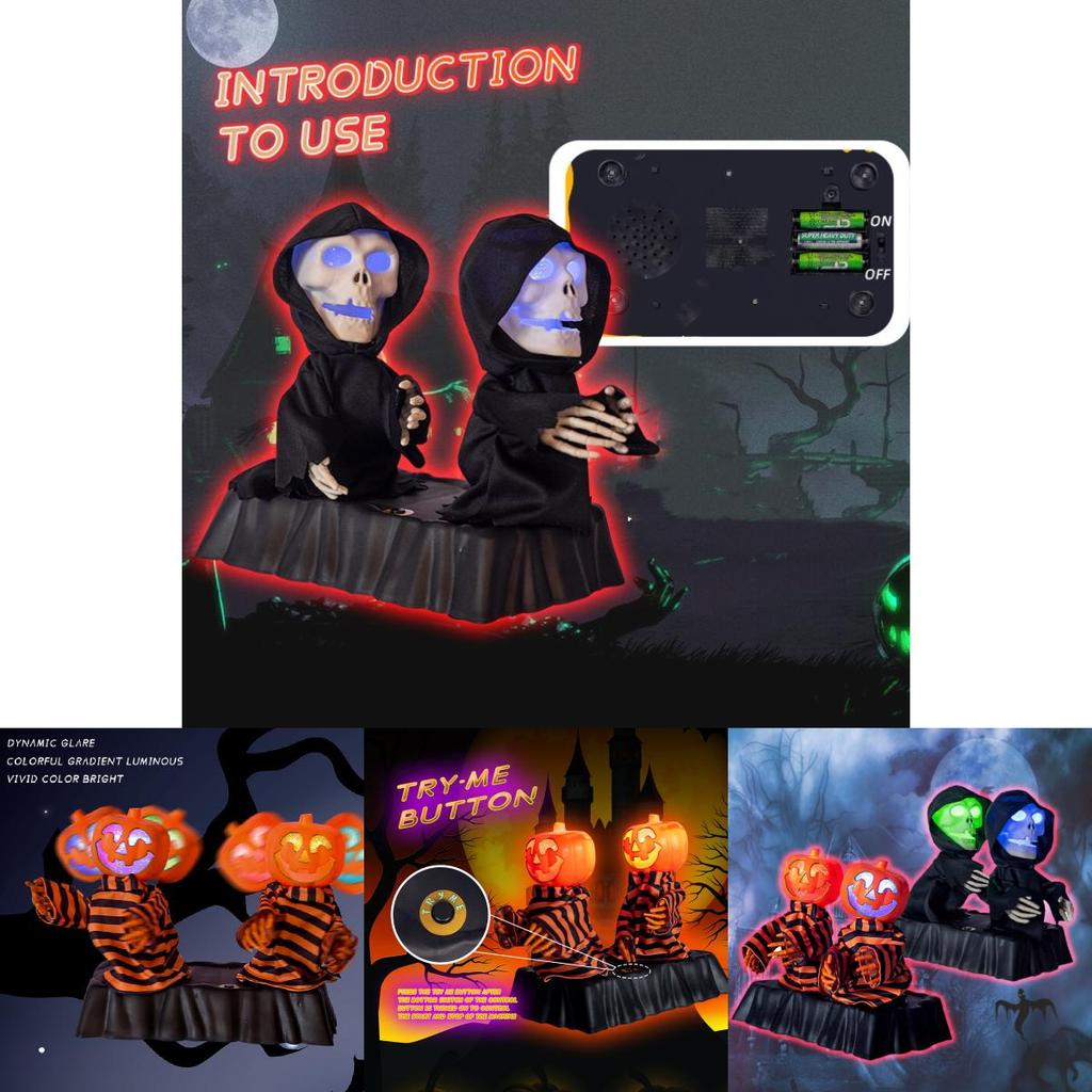 Colorful Light-up Pumpkin And Skeleton Duo Animated Sound Effects Halloween Decor