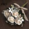 Faux Fern Leaves Artificial Rose Flowers Bouquet for Wedding Bridal, Fake Light Luxury Floral Arrangement Home Decoration And Photography Props,