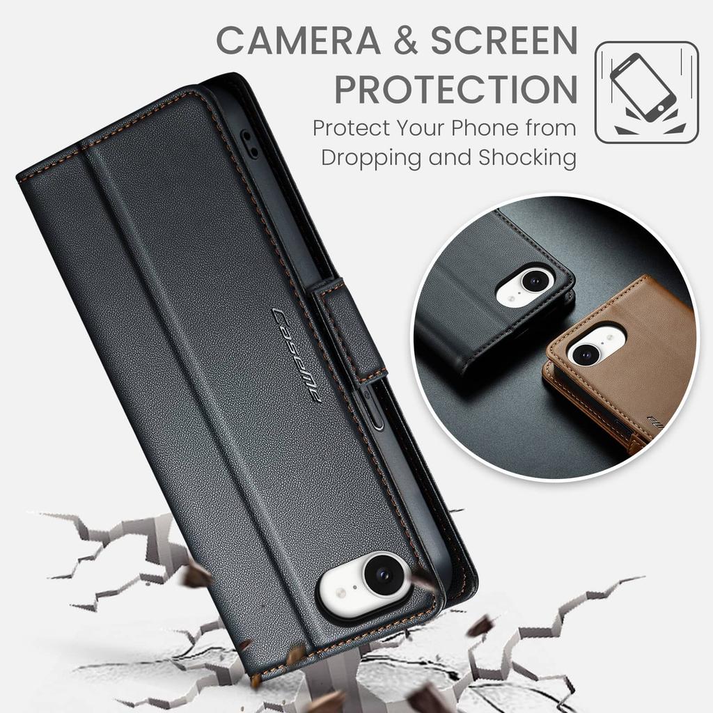 For iPhone 17e/16e Case With Card Holder, Wallet Case with RFID Blocking, Durable Leather Kickstand Magnetic Clasp Shockproof