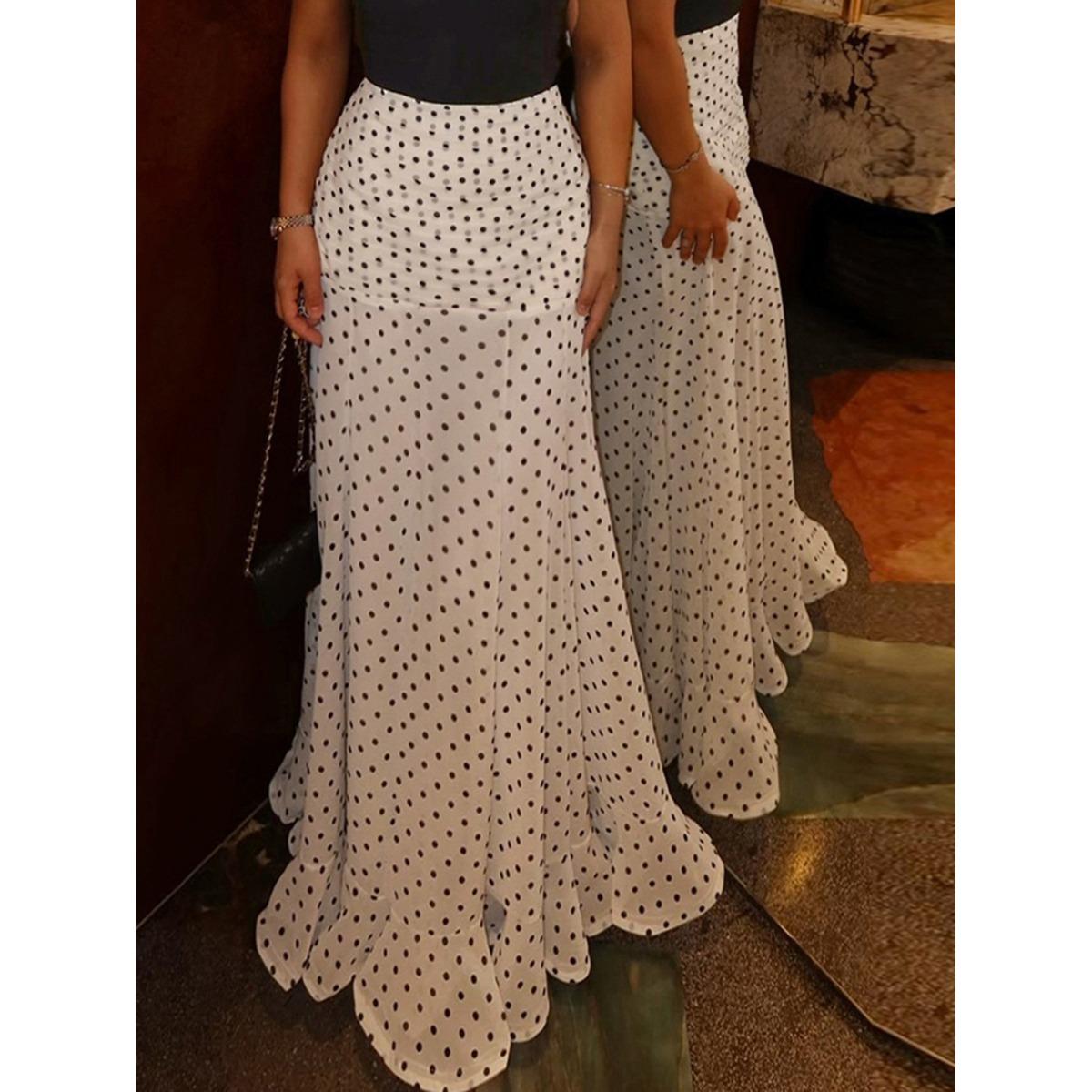 Women s High Waist Polka Dot Fitted Mermaid Maxi Skirt Elegant Chiffon Long Half Skirt XS