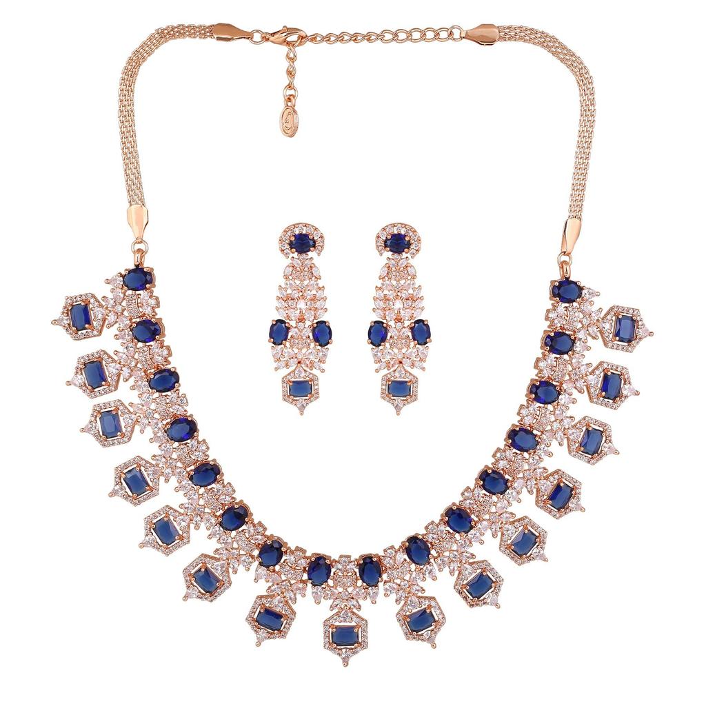 Amazing Estele Rose Gold Plated CZ Blue Stone Necklace Set For Women