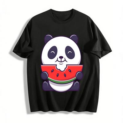 Cute Panda Holding Watermelon Fun Print Casual Short Sleeve T-Shirt Pure Cotton T-shirt