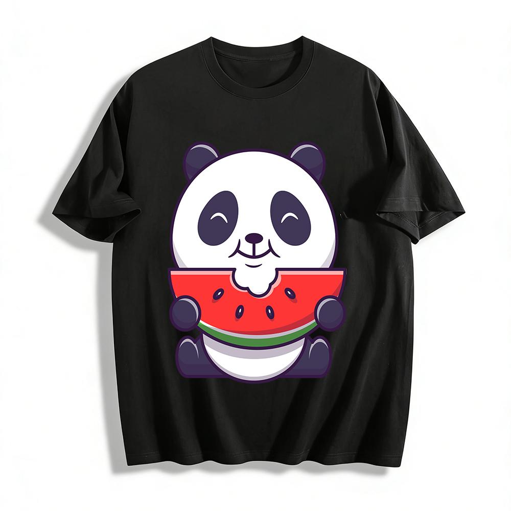 Cute Panda Holding Watermelon Fun Print Casual Short Sleeve T-Shirt Pure cotton T-shirt XXS