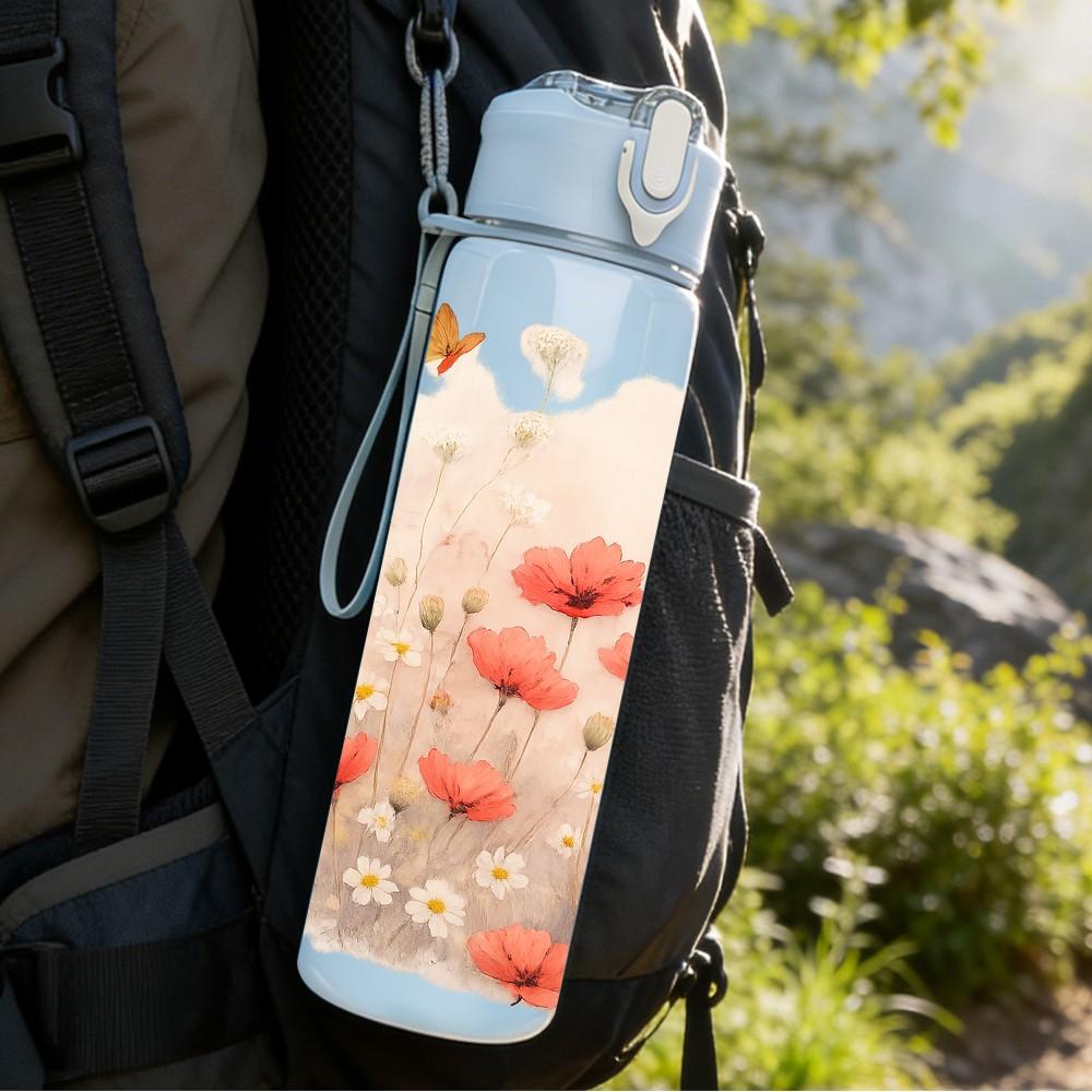 1PC Soft Pink White Cloud Flower Print 750ml Color Plastic Sports Water Bottle Leakproof Flip Straw Lid Suitable for Sports Office Home Use