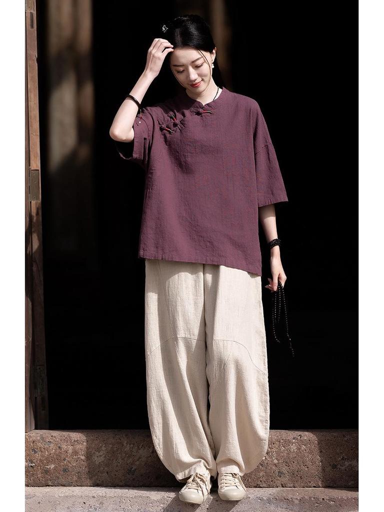Women’s Retro Chinese Style Short Sleeve Stand Collar Shirt with Frog Button, Loose Ramie Sand-Washed T-shirt – 2024 Spring/Summer Collection
