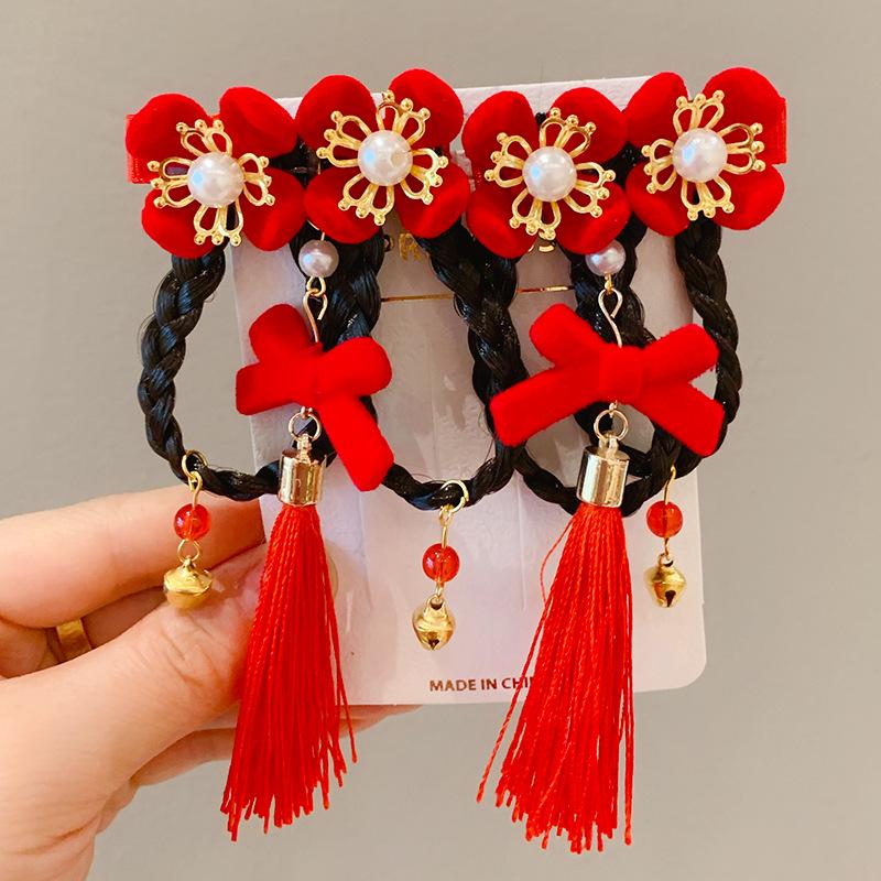 Red New Year Hanfu Hair Clips for Girls - Chinese Style Floral Headwear