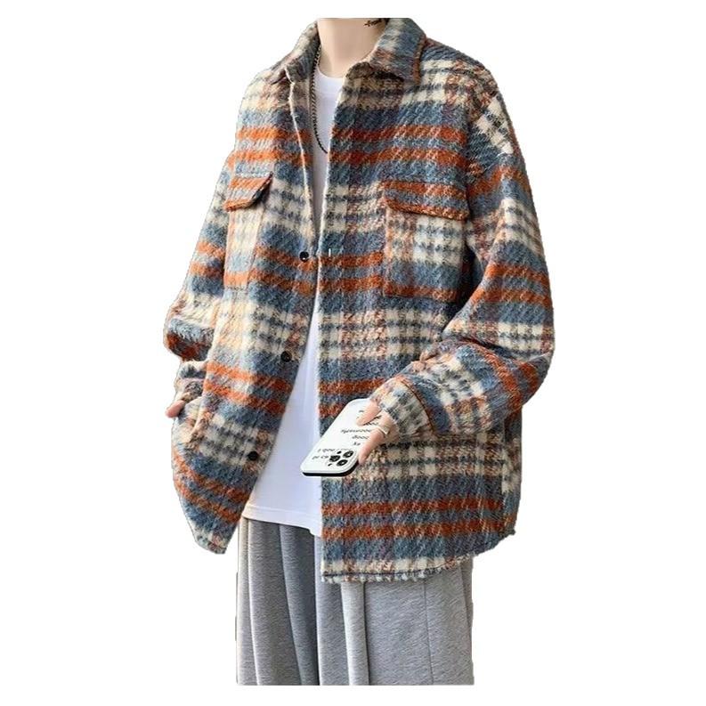 Hong Kong Retro Plaid Woolen Student Jacket: Loose Fit, Versatile Men's Long-Sleeve Top