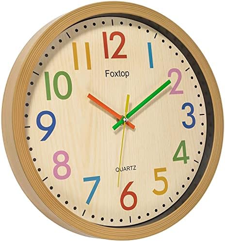 Foxtop Kids Wall Clock Silent No Tick Modern Colorful 30cm for Boys Girls Bedroom Kitchen Classroom