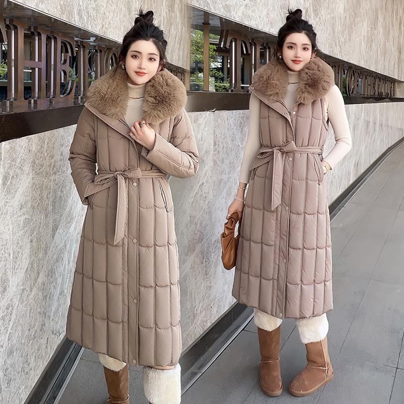 

Новый осенне-зимний жилет без рукавов с длинным меховым воротником для женщин, однотонный, утолщенный, теплый, спортивный, повседневный, свободный, легкий 7XL хаки