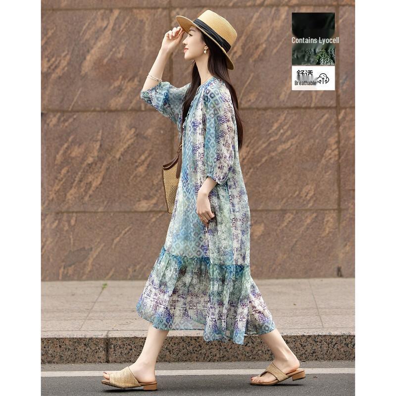 Demana Women s Summer Lyocell Blend French V-Neck Ruffle Print Dress L