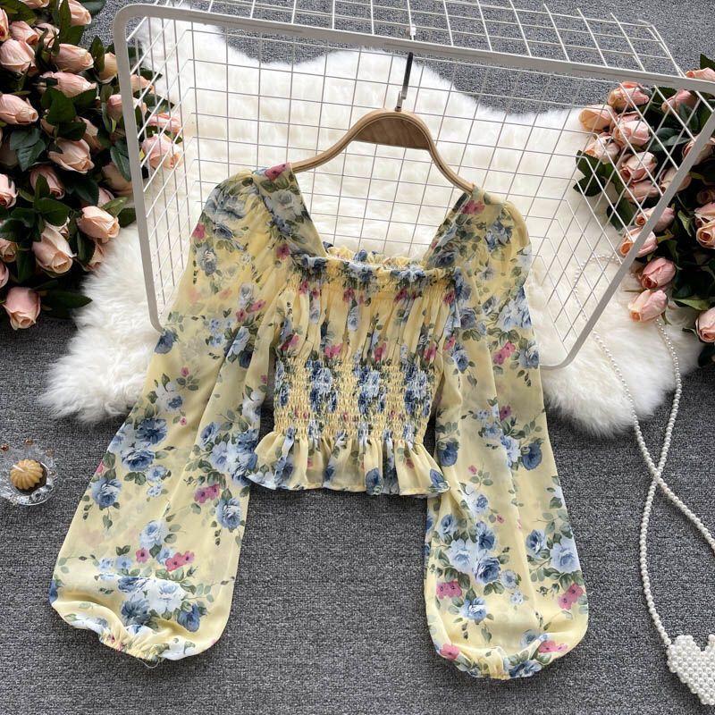 French Sweet Printed Chiffon Shirt for Early Autumn Women, Slim and Slimming, Short Bubble Lantern Sleeve Top for Women