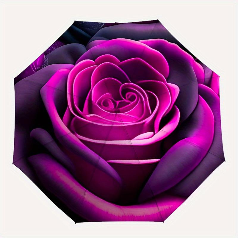 1pc Purple Rose Themed Design Umbrella 8 Rib Frame, One-touch Automatic Opening 3 Fold Umbrella, Fashion Gift-p0803043