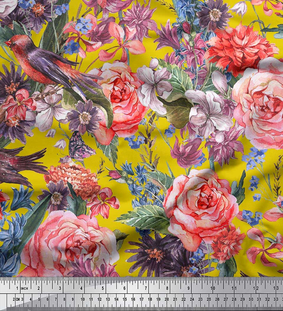 

Тканина для рукоділля Soimoi Japan crepe satin Bird, Leaves & Begonia Flower Тканина для рукоділля на метри 42 дюйми 42 Inch Wide - Poly Crepe жовтий