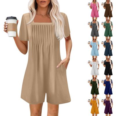Women's Fashionable And Casual Short-sleeved Pleated Pocket Jumpsuit Printed Jumpsuit Shorts