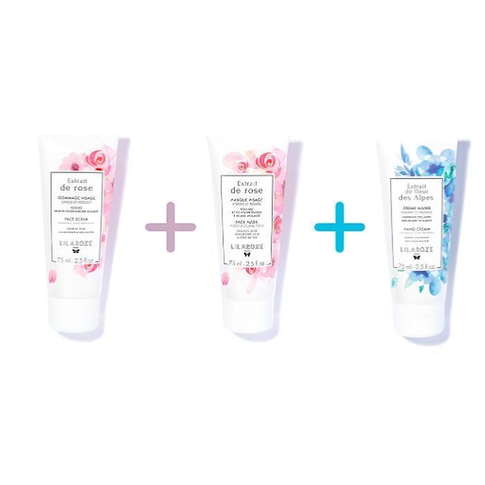 Lilaroze Paris Pack Masque Visage Extrait de Rose Hydrate et Tonifie + Gommage Visage Extrait de Rose Exfolie et Adoucit + Crème Mai