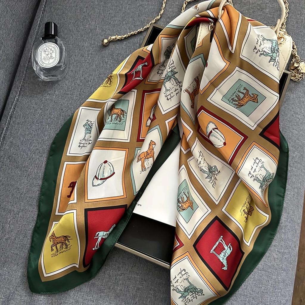Luxury Brand Grid Horse Print Square Scarf Simulated Silk Satin Neck Scarf Stylish Sunscreen Headscarf For Women