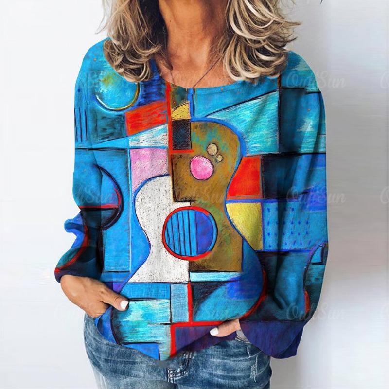 Abstract Art Pattern Print Women's T-Shirt Long Sleeve Autumn O Neck Lady Clothes Tops Oversized Harajuku Streetwear Female Tees