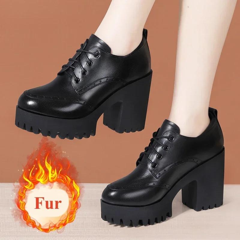 10cm Small Size 32-43 Brogues Vintage Deep Mouth Platform Pumps 2025 Fall Block High Heels Shoes Women Oxfords Office Model Mom