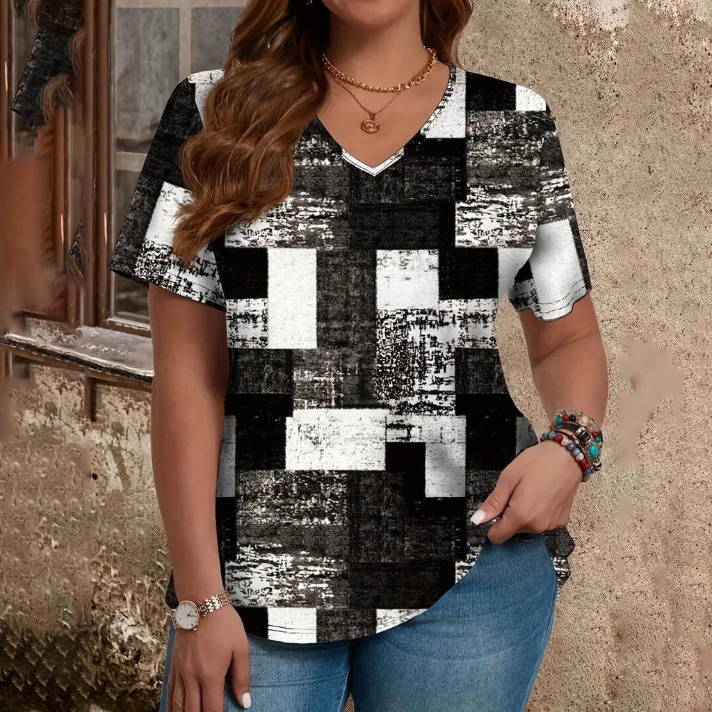 Summer V-neck Short Sleeve Tops 3D Patchwork Print Outdoor Casual Oversized Clothing T-shirts