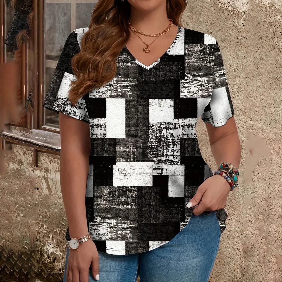 

Summer V-neck Short Sleeve Tops 3D Patchwork Print Outdoor Casual Oversized Clothing T-shirts 5XL