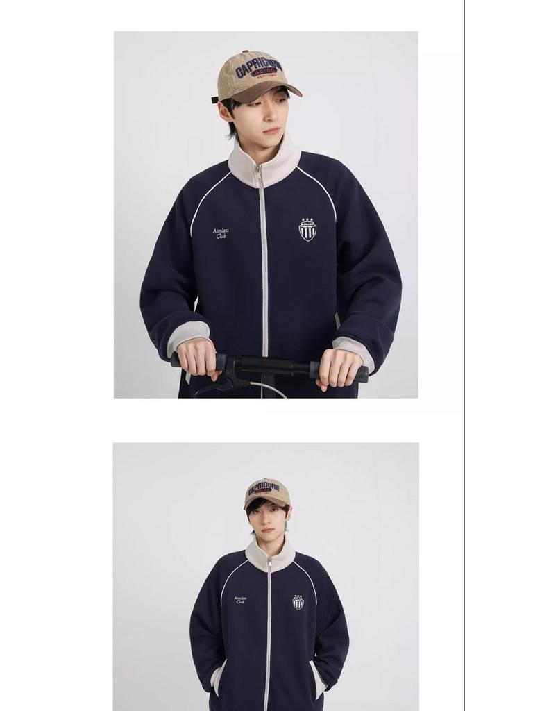 Spring Retro Color Block Raglan Sleeve Casual Jacket with Stand Collar