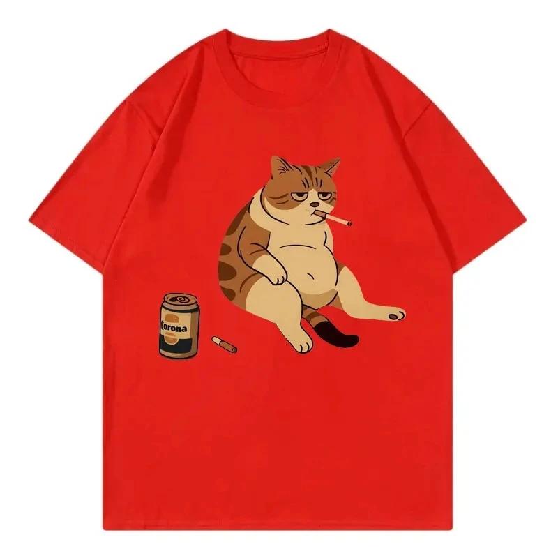 Mens shortsleeved 100 cotton printed retro cat pattern fashionable casual loose and comfortable Tshirt S