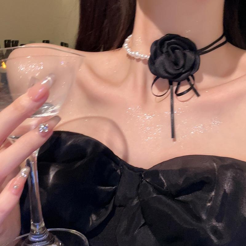 Camellia Flower Pearl Collar Necklace Women's Neckband Pendant Lockbone Chain Binding Strap Necktie Flower Accessory