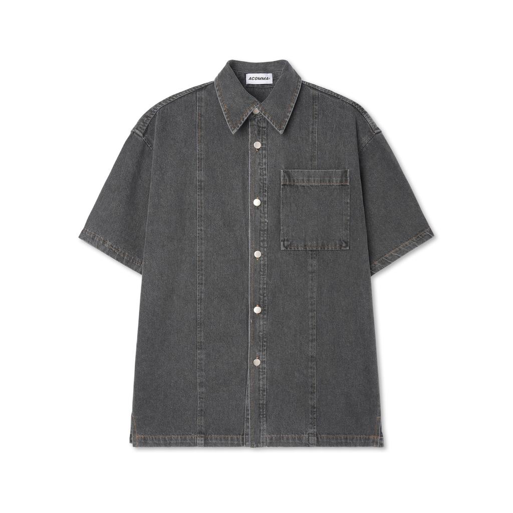 APOSTROPHE COMMA Vertical Line Denim Short Sleeve Shacket_Light Blue