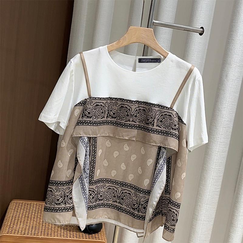 ZANZEA Women Casual Round Neck Print Patchwork Summer Short Sleeve Blouse