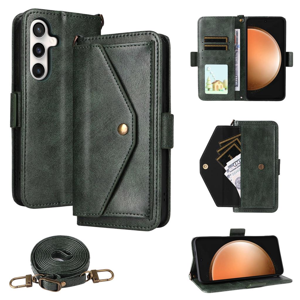 For Samsung Galaxy S25 FE Leather Case Magnetic Closure Wallet Stand Phone Cover with Crossbody Strap