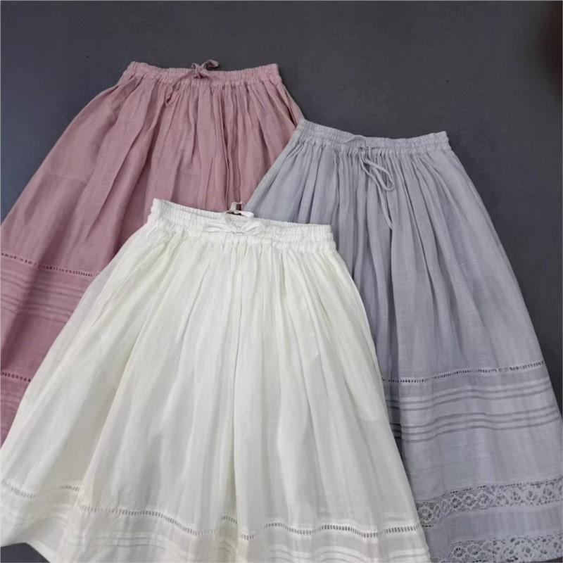 Johnature Gonne da Donna Casual Versatili a Vita Lassa a Gamba Larga, Colore Unito, Pieghe, Inserti in Pizzo, Primavera Estate